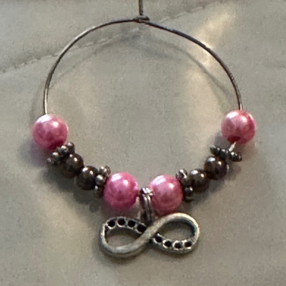 3/$15 Wine glass tag stainless steel hoop, pink & mocha beads infinity charm - Picture 12 of 12